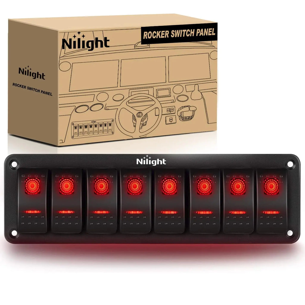 Nilight 8 Gang Rocker Switch Panel 5Pin On Off Toggle Aluminum Holder 12V 24V Dash Pre-Wired Red Backlit Switches for Automotive Cars Marine Boats RVs Truck