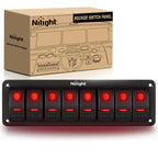 Nilight 8 Gang Rocker Switch Panel 5Pin On Off Toggle Aluminum Holder 12V 24V Dash Pre-Wired Red Backlit Switches for Automotive Cars Marine Boats RVs Truck