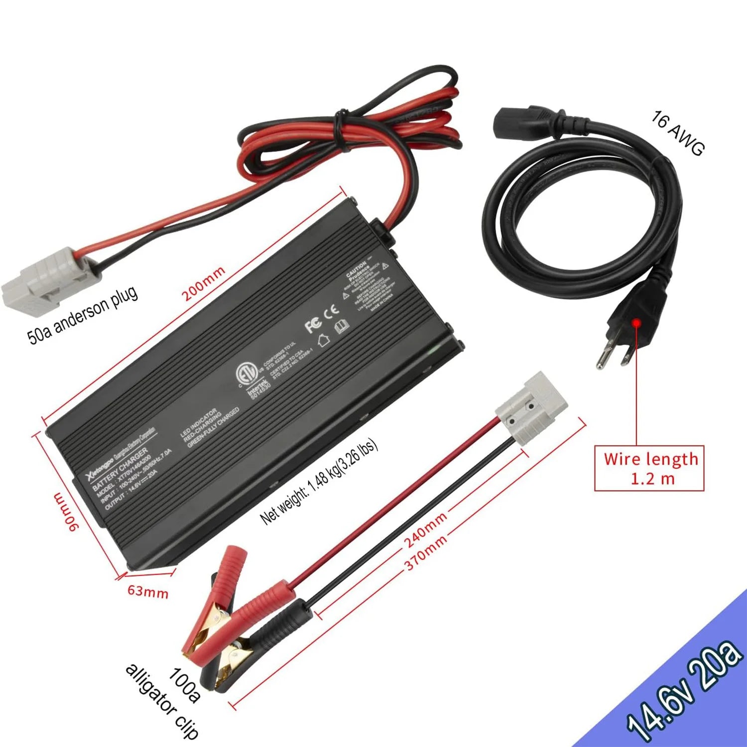 Xietongpo 12V 20A LiFePO4 Battery Charger 14.6V LiFePO4 Charger and Maintainer for 4S 12V (12.8V) Deep Cycle Lipo Lithium Iron Phosphate Rechargeable Batteries of RV Car Boat