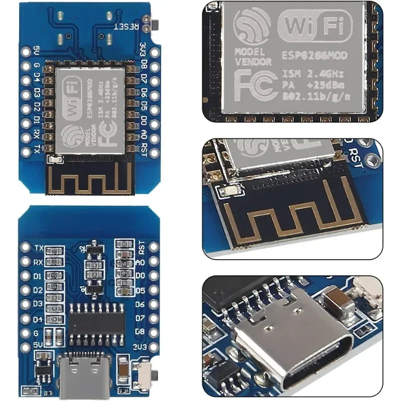 ESP8266 NodeMCU D1 Mini WiFi Dev Board Type-C CH340C 4MB Flash Compatible with Arduino IDE for IoT Smart Home Power Bank Wemos
