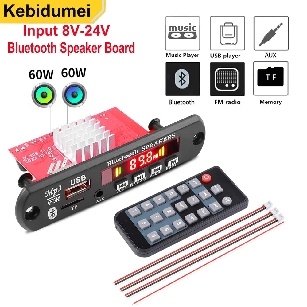 Kebidumei 2*60W Amplifier Bluetooth 5.0 MP3 WMA WAV Decoder Board Wireless Music Audio Modul USB TF FM Radio For Car Speaker