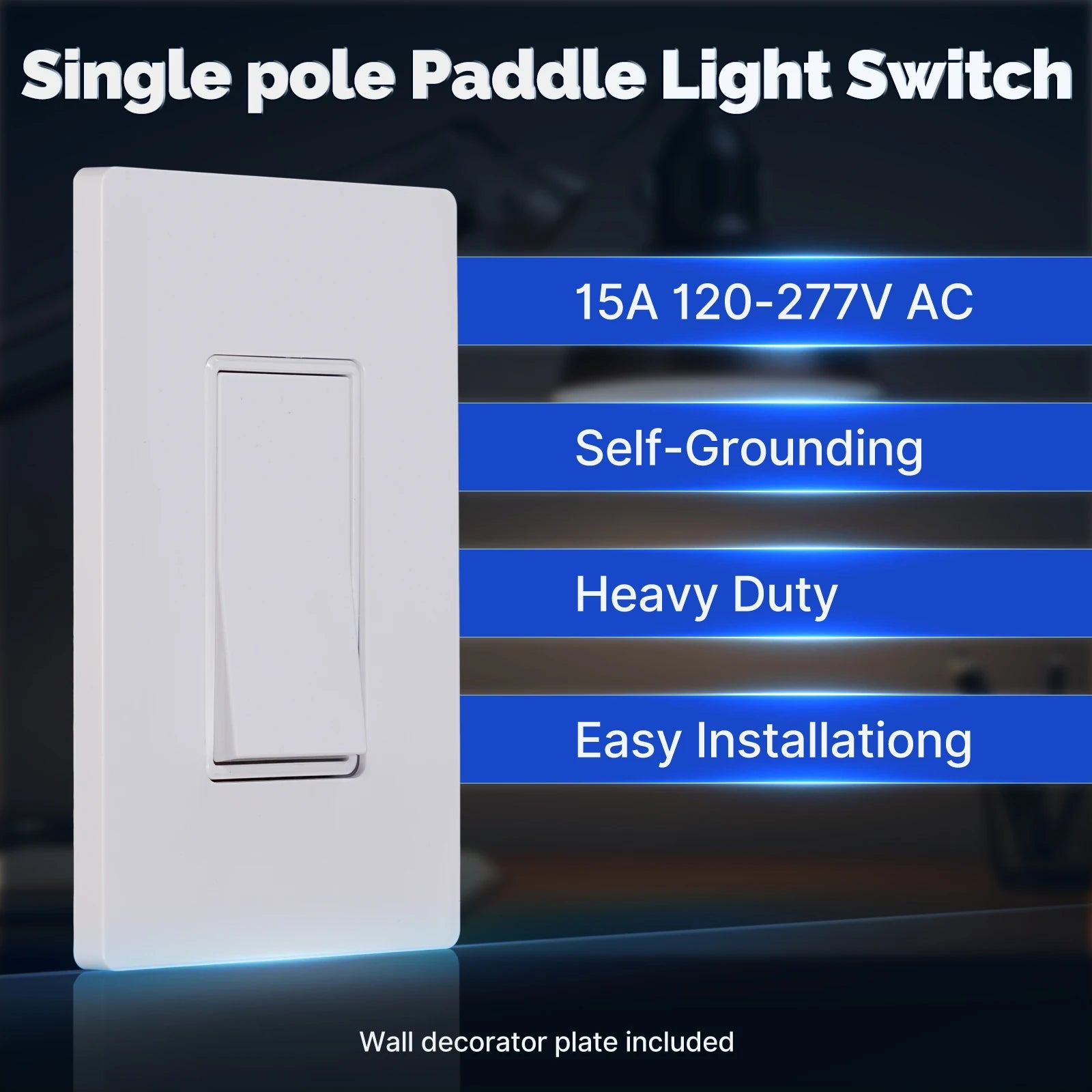MOES [12 Pack] Paddle Rocker Light Switch, Single Pole On/Off 15Amp 120V, Glossy White Decorator, Self Grounding