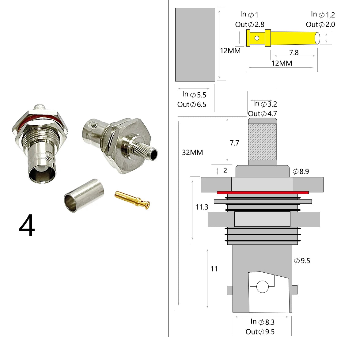 1-4PC BNC Male Female Plug Jack RF Coax Connector Crimp for RG316 RG174 RG58 RG142 Cable Copper Nickelplated With Drawing NEW