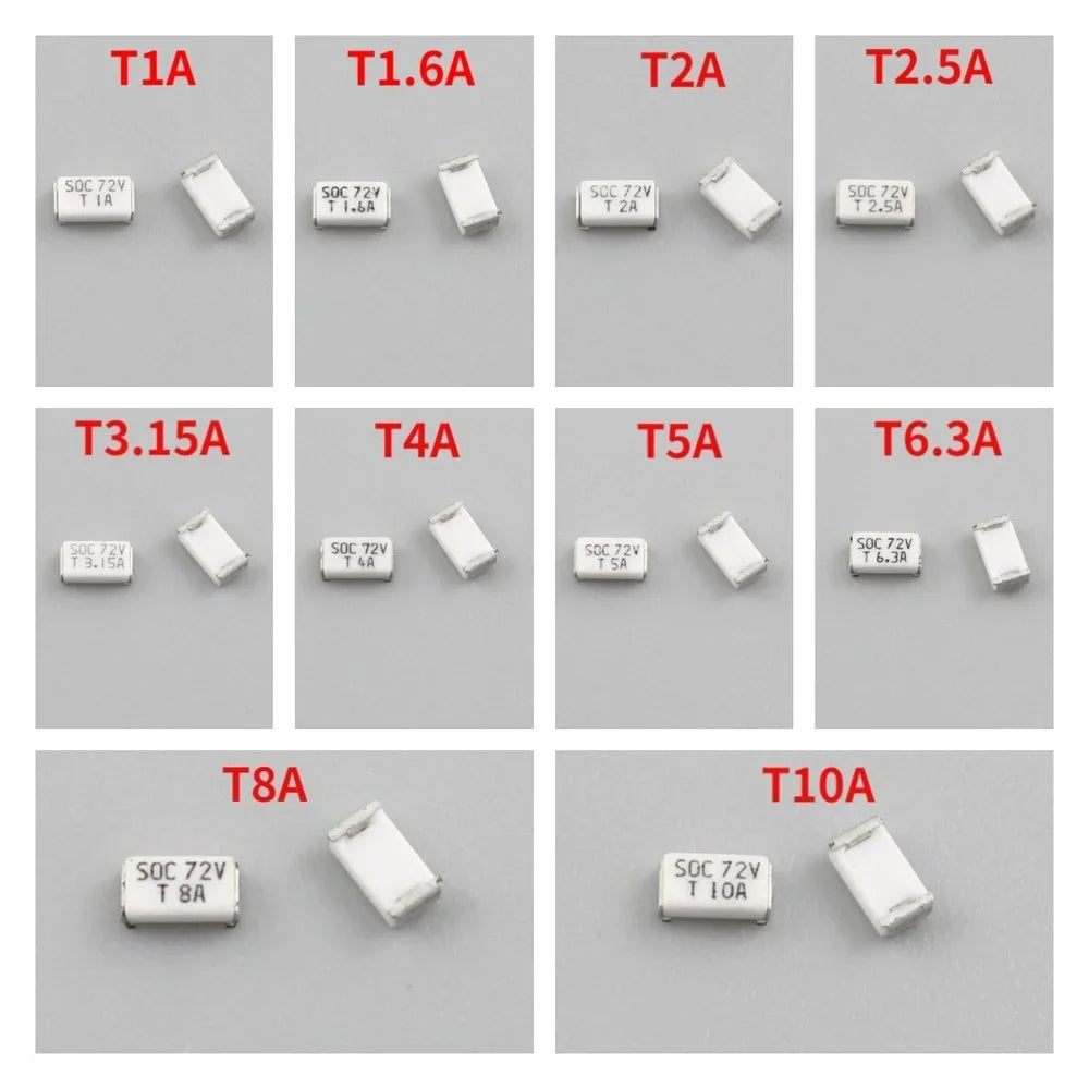 10pcs Micro Fuse SMD SMT 1206 72V 11CT T 1A 1.25A 1.6A 2A 2.5A 3.15A 4A 5A 6.3A 8A 10A 72V DC Slow Blow 3216 Surface Mount SOC