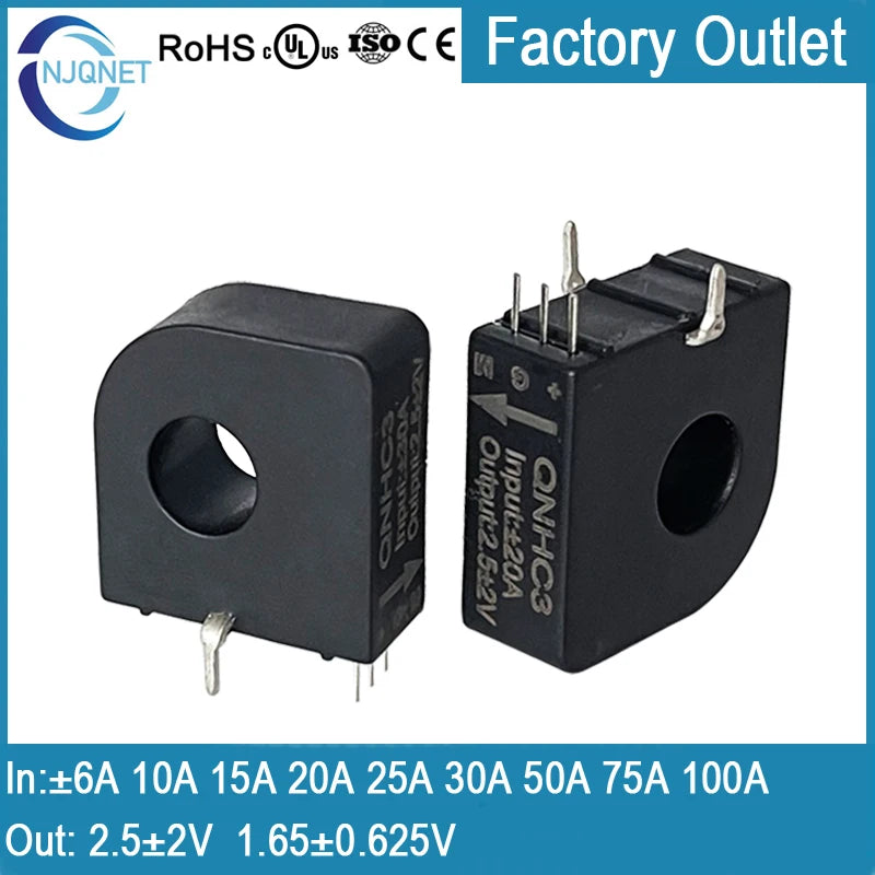 Hall Current Sensor Transformer QNHC3 Output 2.5±2V 1.65±0.625V Input 10A 20A 30A 50A 100A DC Hall Effect Current Transducer