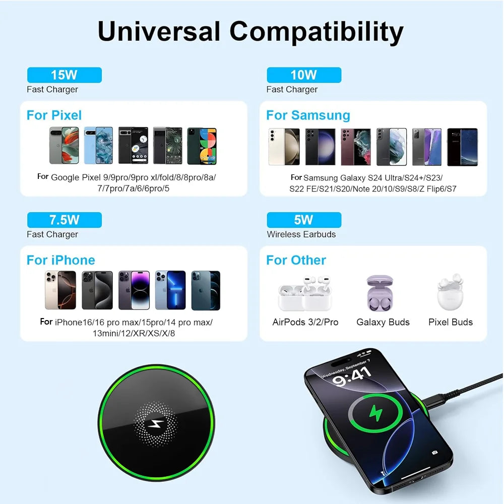 15W Wireless Charger Pad, Mirror‑Surface Design, Fast Induction Charging.Compatible with iPhone, Samsung and Apple Earphones.
