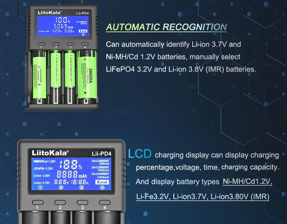 Liitokala Lii-PD4 Lii-PD2 18650 Battery Charger for 1.2V 3.7V NiMH 26650 21700 18350 18500 14500 AA AAA LiFePO4 Batteries