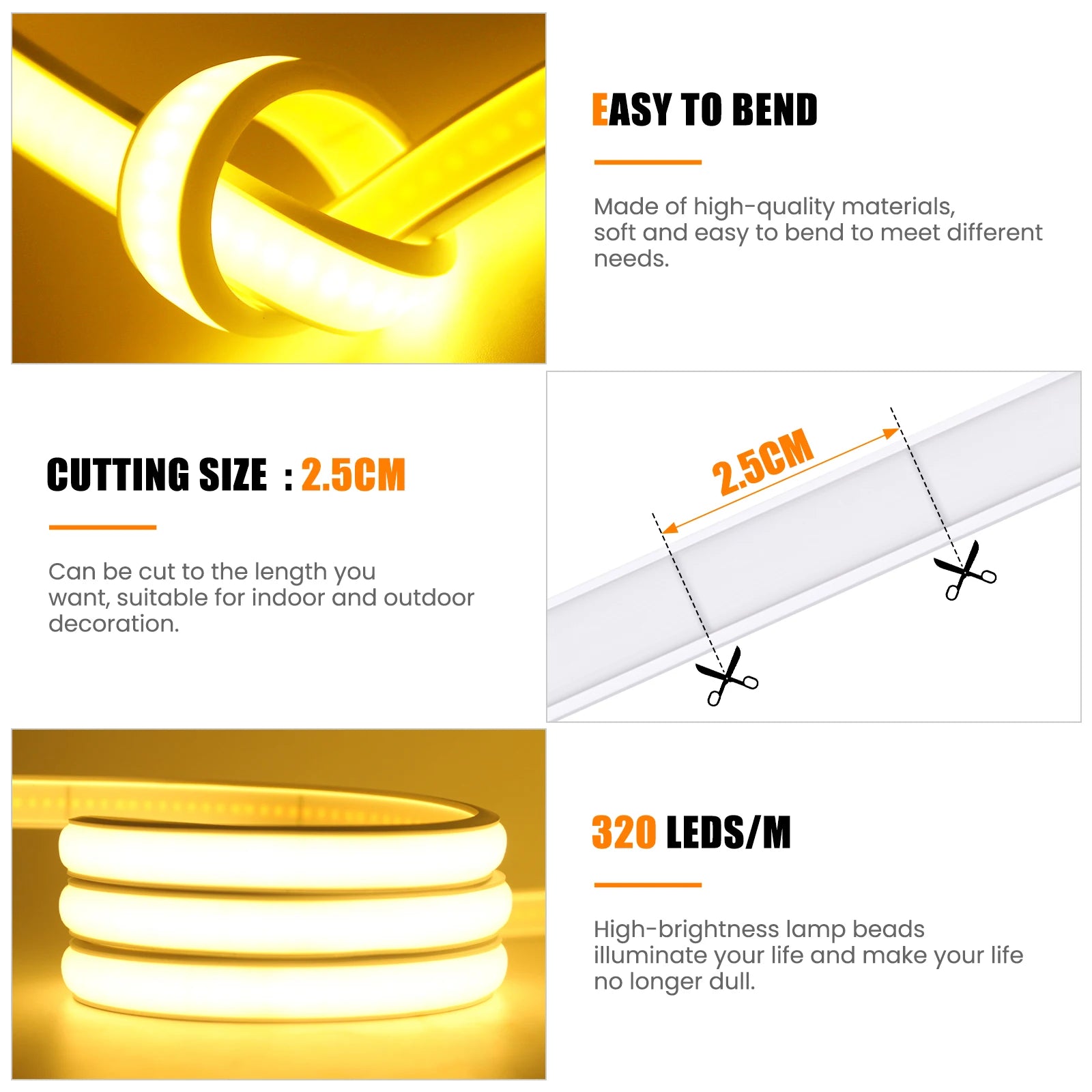 DC5V COB LED Strip With Switch 320Leds/m Flexible Neon Light USB Power Waterproof FOB LED Lights 3000K-6000K Ribbon Tape