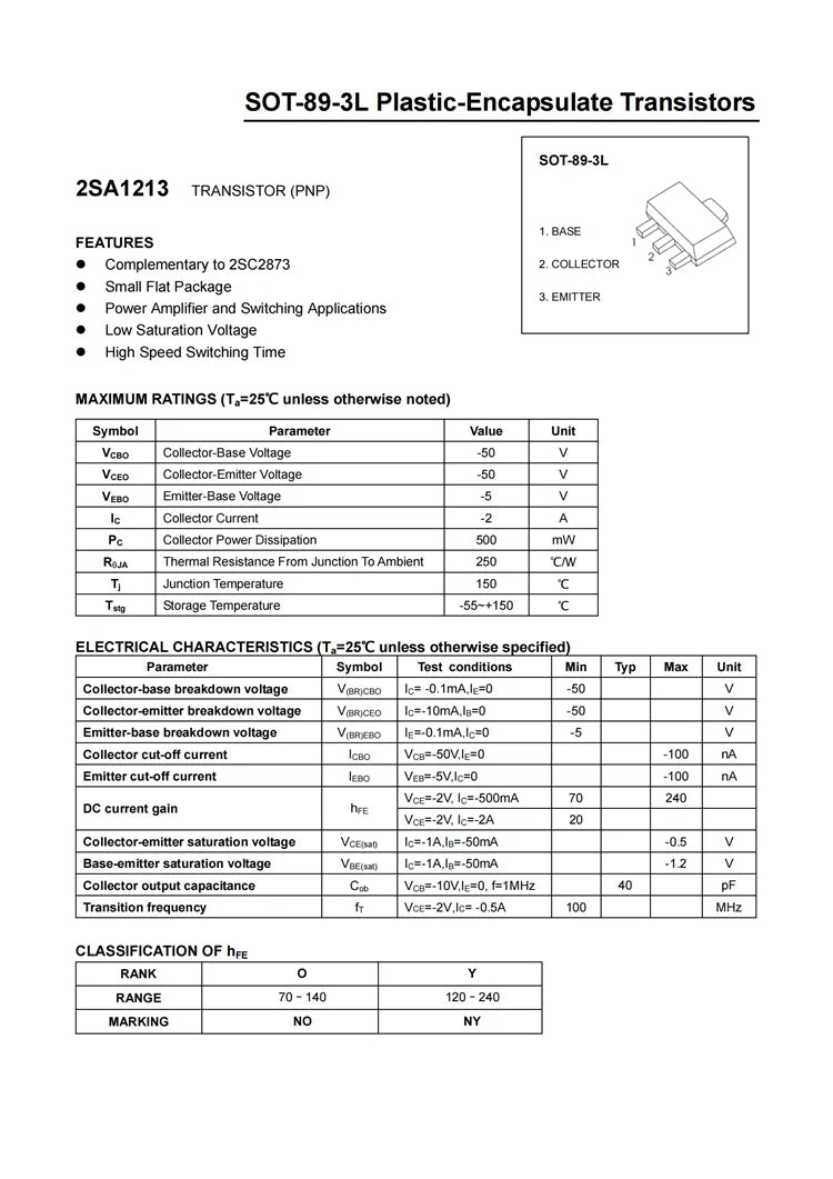 50PCS 2SC2873 MY 2SA1213 NY SOT-89 50V 2A NPN PNP SMD Transistors C2873 A1213 Complementary Triode