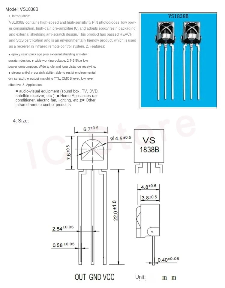 100PCS HS0038 CHQB VS1838B IR Infrared Receiver TL1838 VS1838 1838 HX1838 VS0038 Remote Receiver Tube Head
