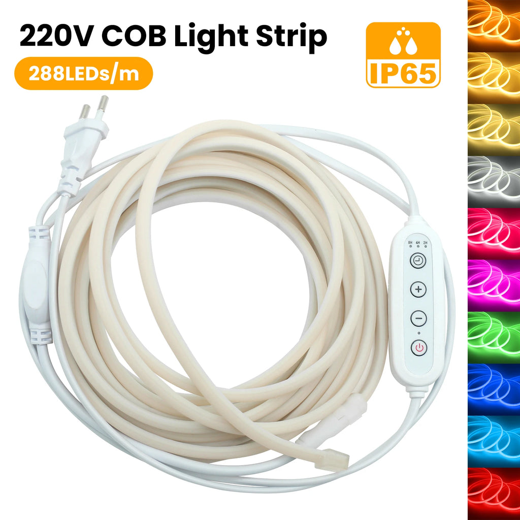 220V COB LED Strip Power EU Plug Dimmable Timer 288LEDs/m Waterproof Neon Light Tape Red Blue Green Pink White Home Garden Decor