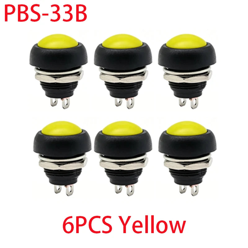 6PCS PBS-33B 12mm 2Pin Waterproof Momentary Push Button Switch 12V 1A Mini Reset Non-Locking Red Green Yellow Blue White Black