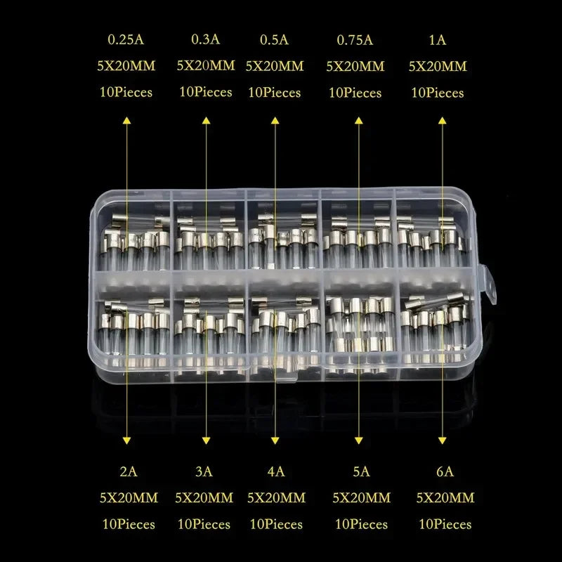 100pcs 5x20mm Glass Fuse Assortment Kit 0.25A to 20A Fast-Acting Fuses for Electronics Amplifier Power Supply Protection