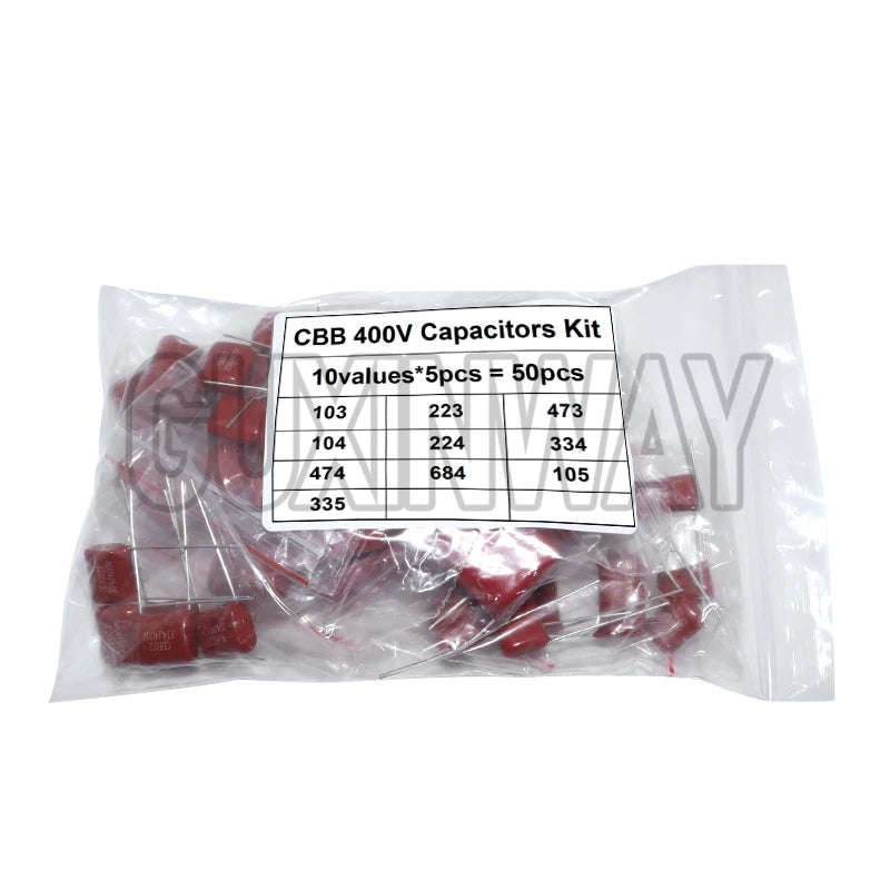 50PCS CBB Capacitor Assortment Kit 400V 10NF-3.3UF 10values Metallized Polyester Film Capacitors KIT DIY