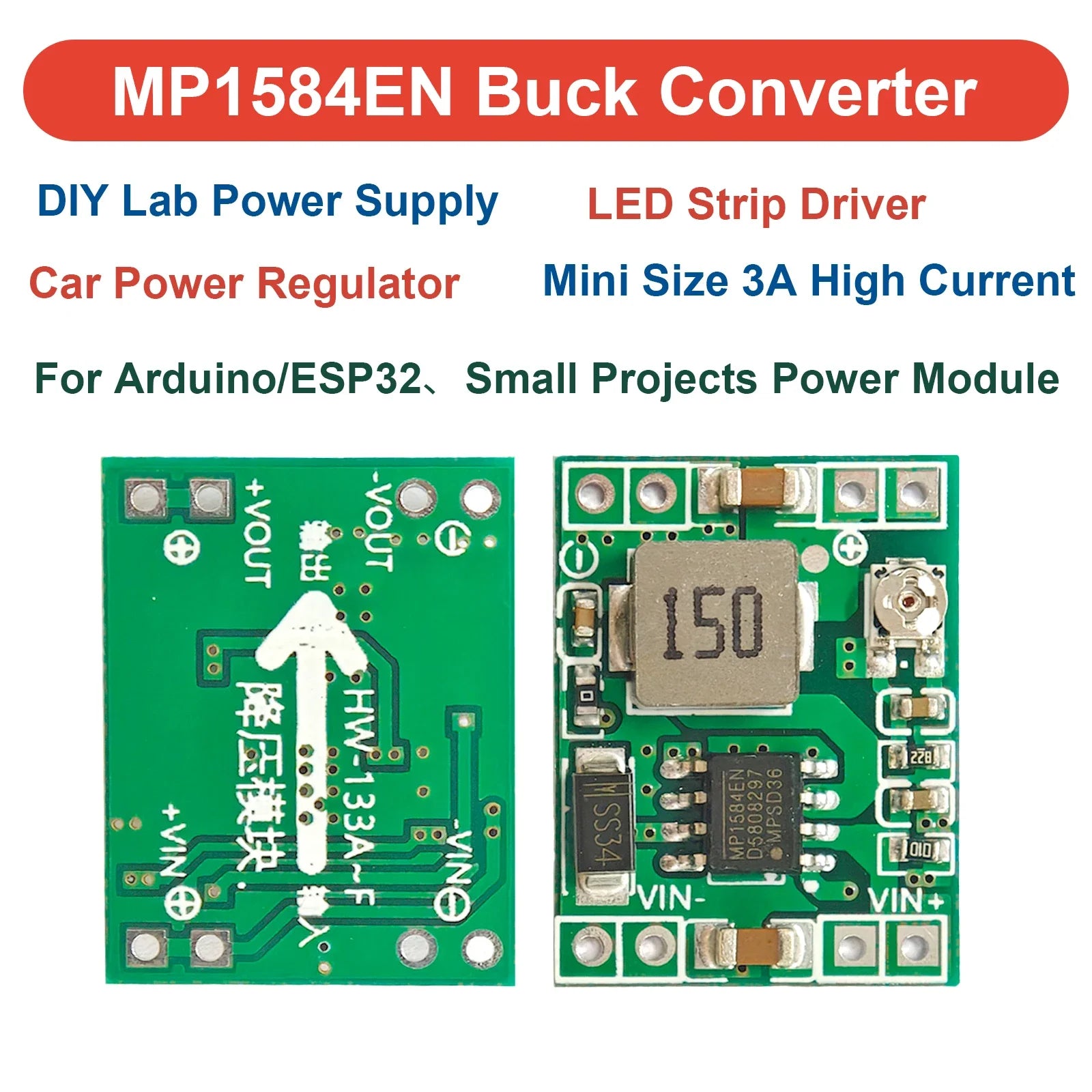 6pcs Mini MP1584EN DC-DC Buck Converter 3A Adjustable Power Supply Module 24V to 12V 9V 5V 3.3V Step-Down LM2596