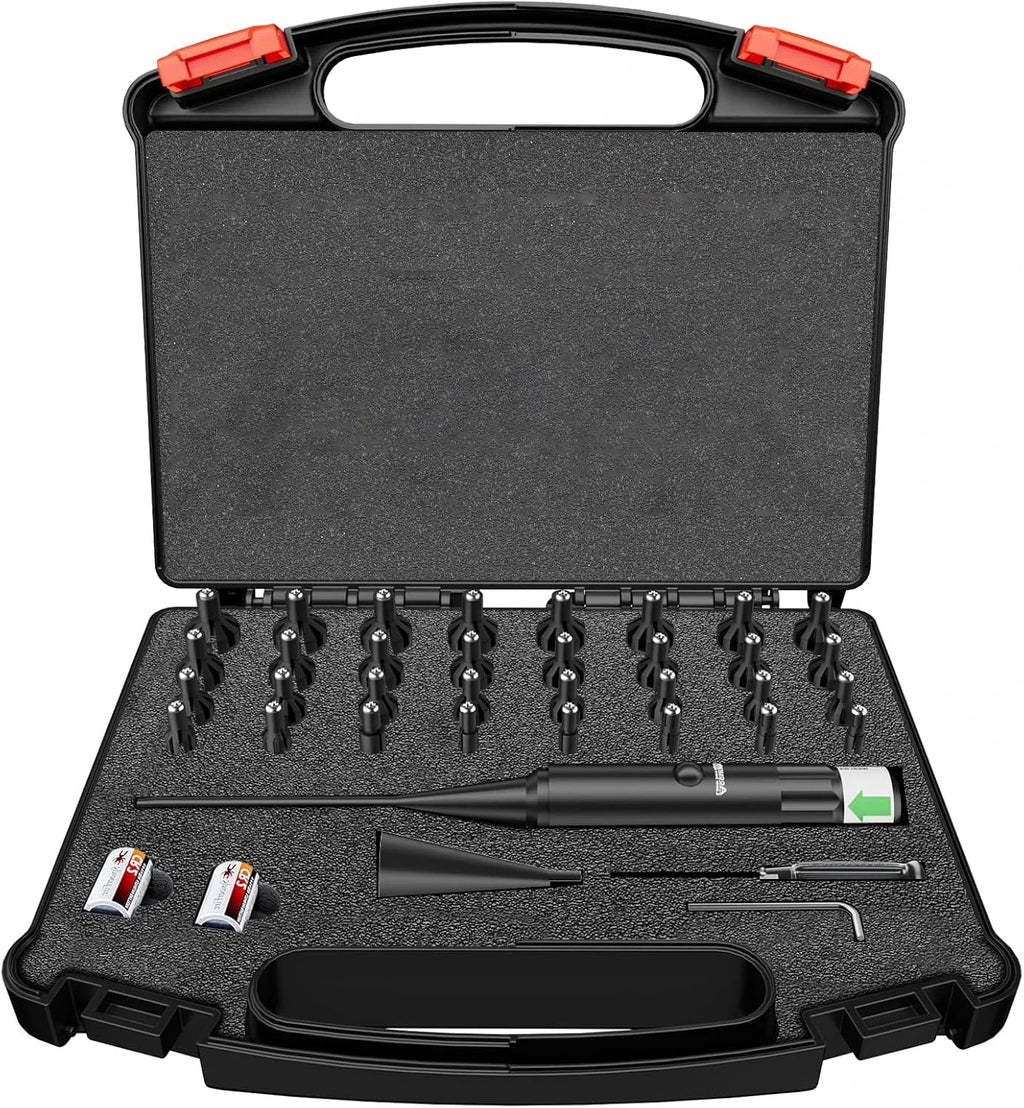 Powerful Green Bore Sighter Laser Bore Sight Kit with 32 Adapters fit 0.17 to 12GA Cal Multiple Caliber for All Gun Rifle Pistol