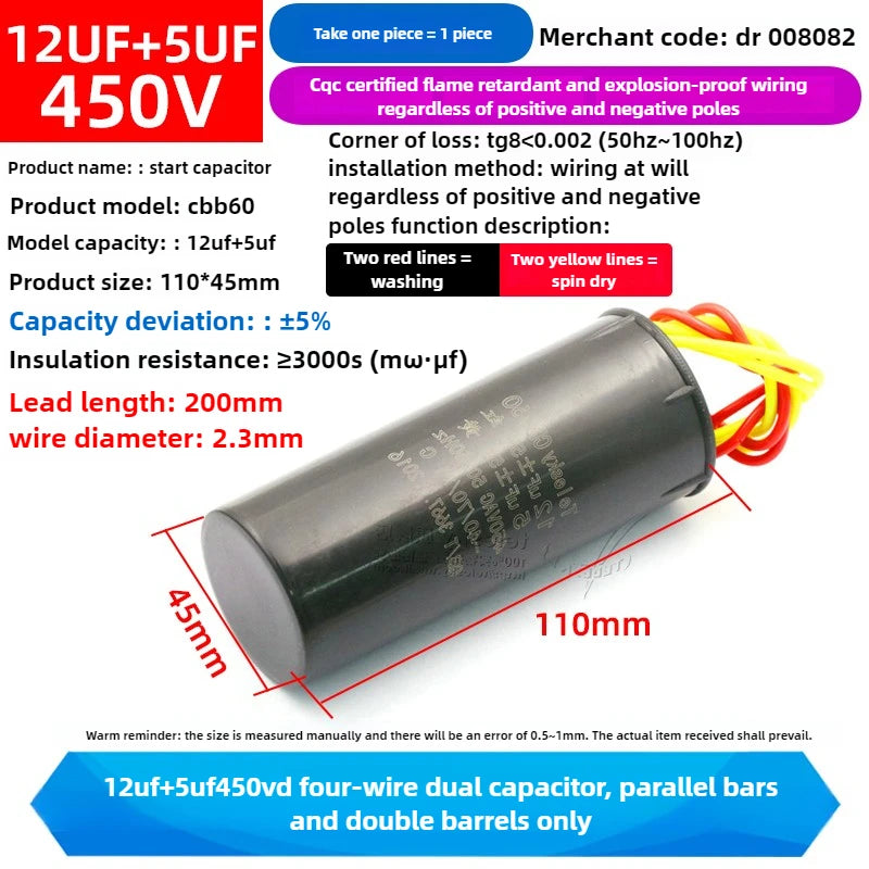 CBB60 Capacitor 450V AC Motor Run Capacitors 3/4/5/6/8/10/12/14/15/16/18/20/30/35/40/50/60/70UF for Washing Machine, Water Pump