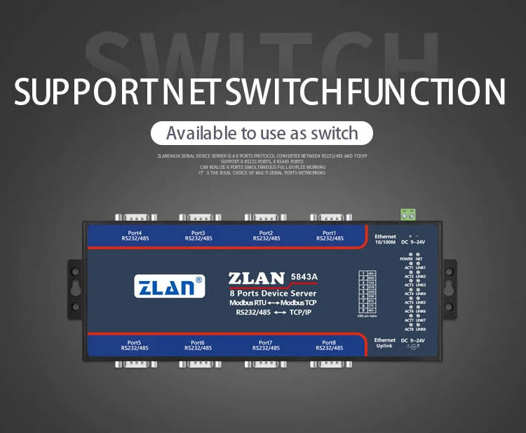 ZLAN5843A 8 port RS232 RS485 to Ethernet TCP/IP Modbus industrial multiple Ethernet serial server