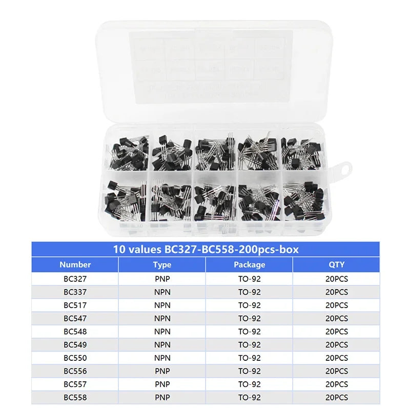 200PCS/Box Transistor Assorted Kit 2N2222 2N3904 2N3906 BC337 BC547 BC557 S8050 S8550 10 values PNP NPN Transistors Triode TO92