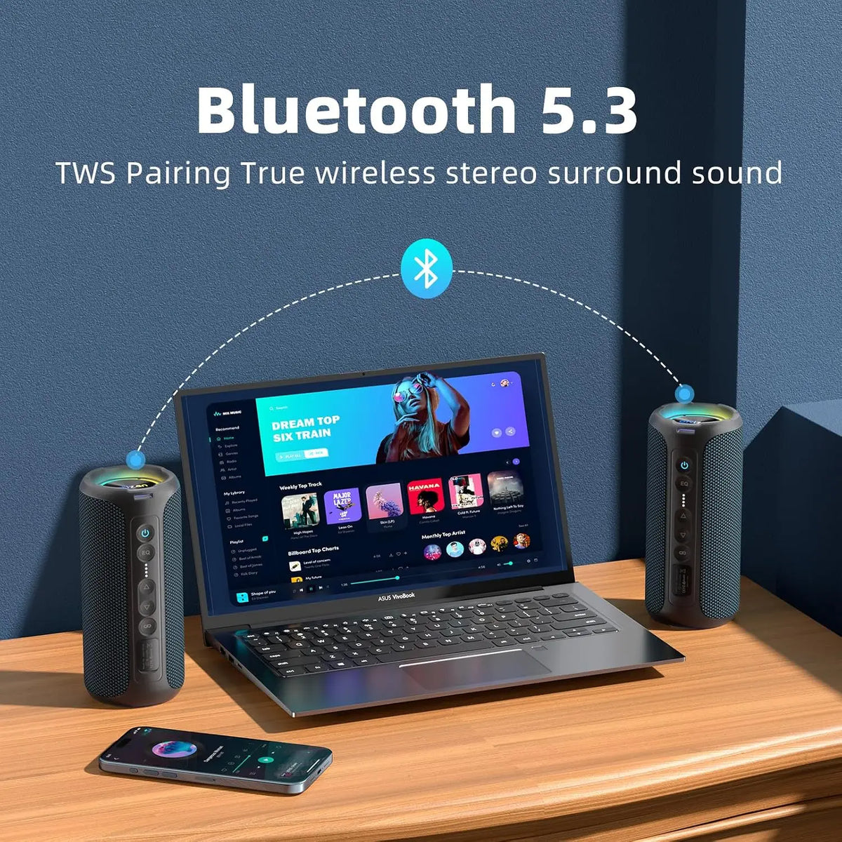 Ortizan Bluetooth Speakers 40W TWS Portable Speaker with Stereo Sound Bass, Bluetooth 5.3 Wireless USB Type C Outdoor, 6600mAh Battery