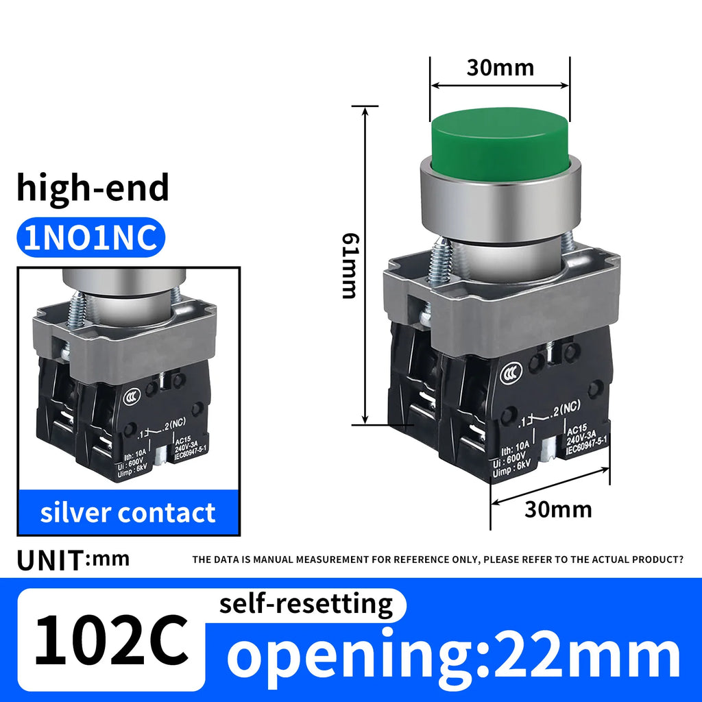 10Pcs 22MM High head Momentary Push Button Switch 1NO1NC SPDT 10Amp 600V Metal Head Waterproof IP65,Control power button switch