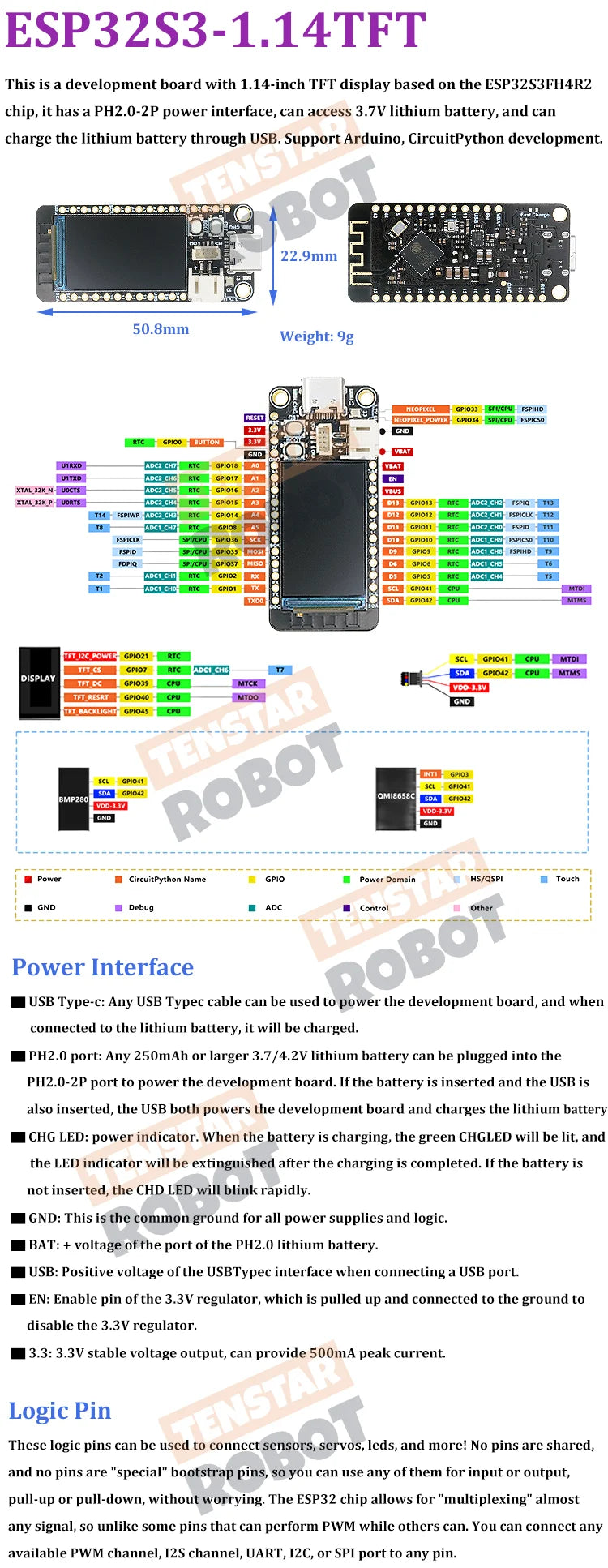 TENSTAR TS-ESP32-S3 Development Board With 1.14 Inch TFT Display With BMP280 and QMI8658C Sensor Learn to Program ESP32 S3