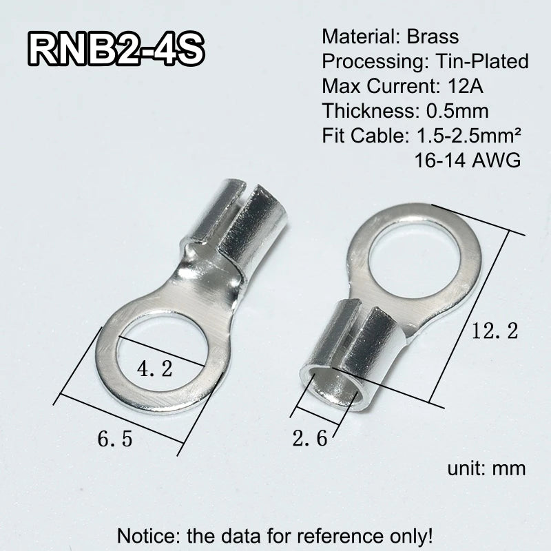 100pcs RNB Brass Ring Bare Terminal Block Connector Cable Lugs Wire Crimping Tips Electrical Connection Strips 12V 2.5mm 4mm 6mm