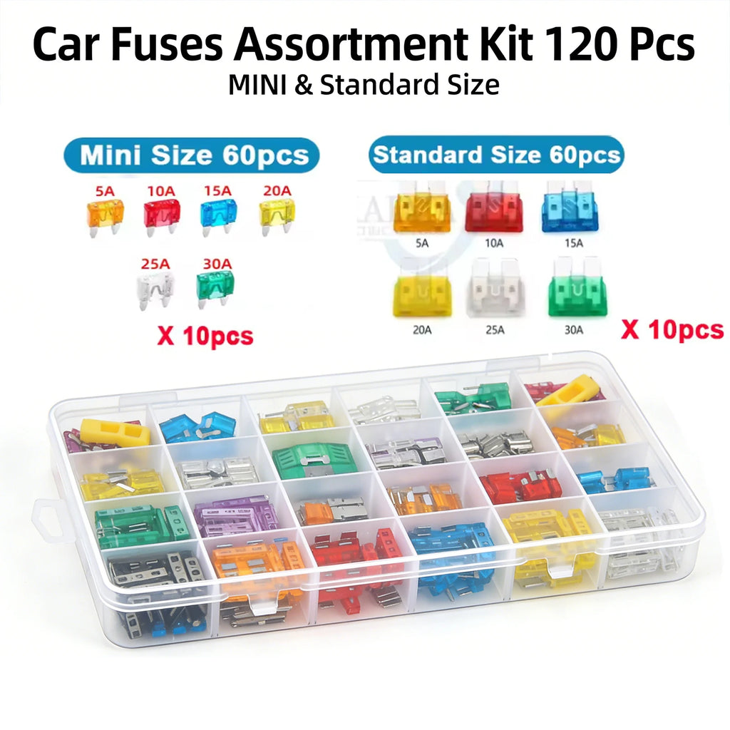 Car Blade Fuse Standard & Mini Assortment 5A 10A 15A 20A 25A 30A With Storage Box &Puller for Truck, Boat, RV, Motorcycle 120Pcs