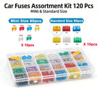 Car Blade Fuse Standard & Mini Assortment 5A 10A 15A 20A 25A 30A With Storage Box &Puller for Truck, Boat, RV, Motorcycle 120Pcs