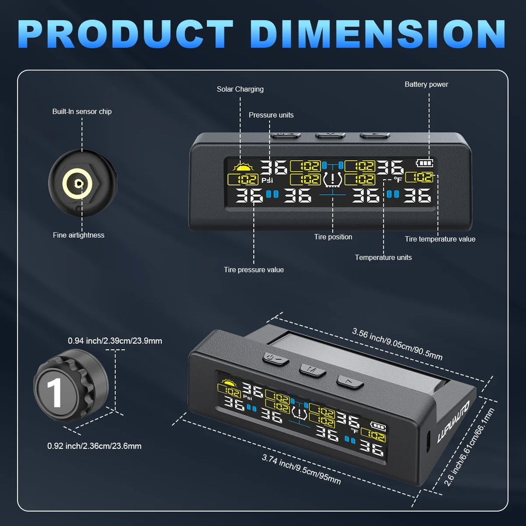 TPMS Tire Pressure Monitoring System Car Safety Alarm System Wireless Solar&USB Powered 4 Sensors with Color Digital Display