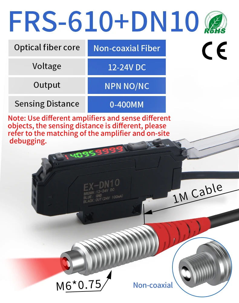 GTRIC Diffuse Reflective Fiber Optic Sensor Kit with Separate Amplifier High Precision12-24V DC NPN NO/NC Photoelectric Sensor