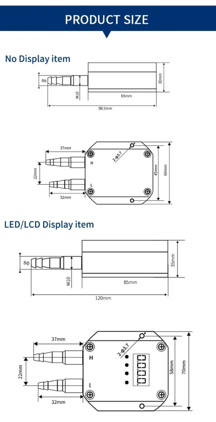 No Display/ LCD Display Air Gas Wind Pressure Differential Sensor 4-20mA 0-10V 0-5V RS485 Differential Pressure Meter Transmitte