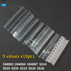 Takefast 90pcs SMD Diode Kit 1N4007 1N4001 1N4004 SS14 SS16 SS24 SS26 SS34 SS36 9 Values X10pcs Rectifier Diodes Schottky