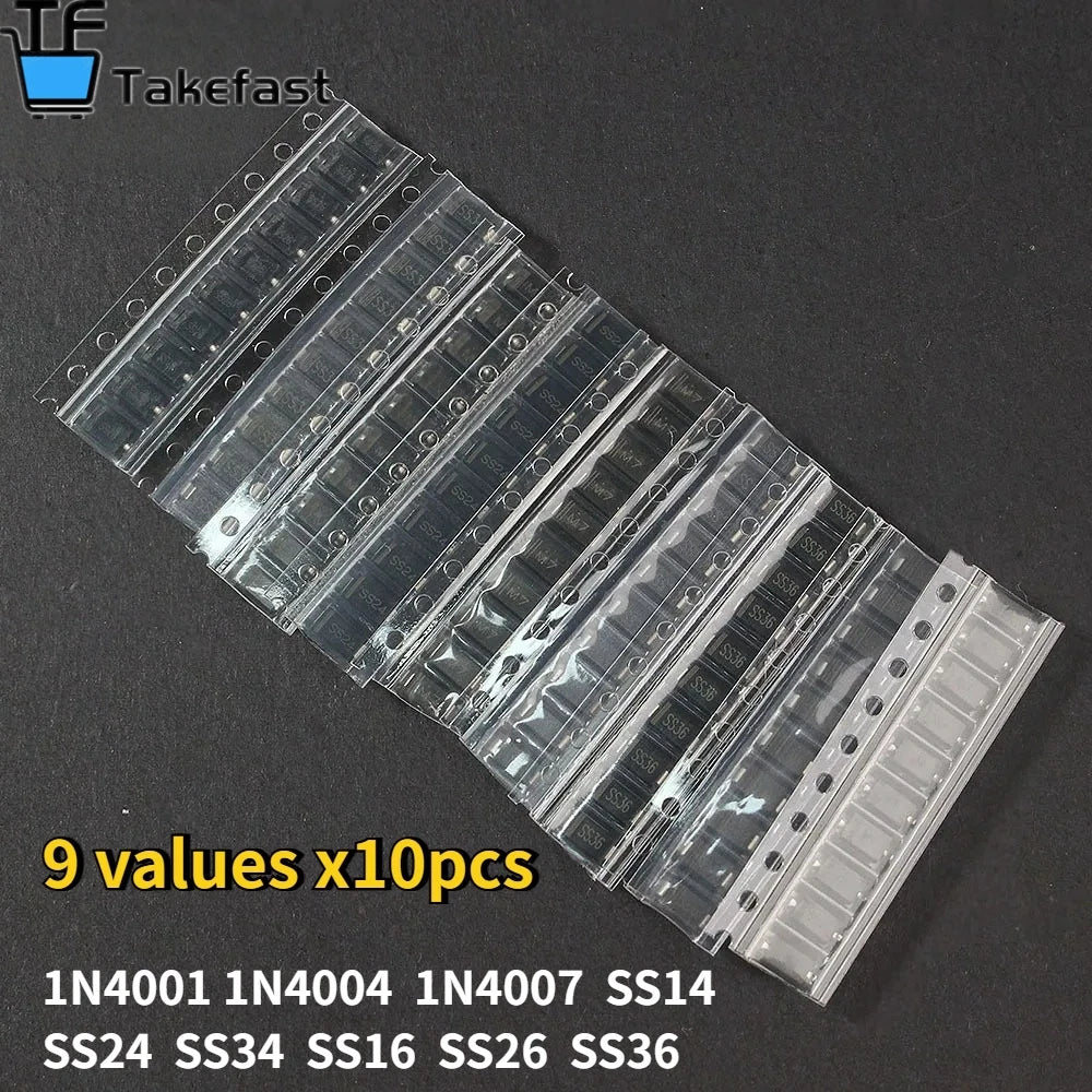 Takefast 90pcs SMD Diode Kit 1N4007 1N4001 1N4004 SS14 SS16 SS24 SS26 SS34 SS36 9 Values X10pcs Rectifier Diodes Schottky