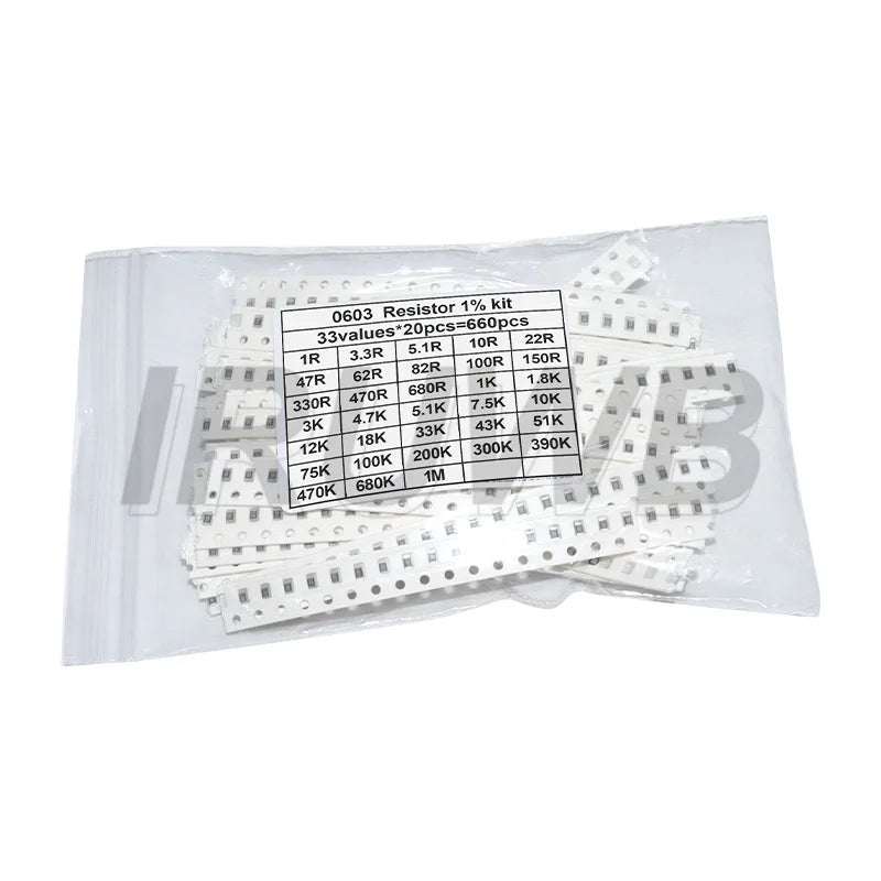 660pcs 1% SMD Chip Resistor Assorted Kit 0603 0805 1206 0402 0201 1R - 1M ohm 33valuesX20pcs Resistance Sample Set