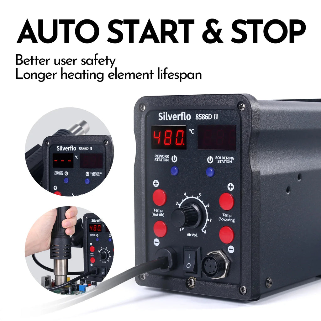 Silverflo 8586D-II Soldering Station 2 IN 1 Soldering Iron Hot Air Station Welding Rework Station With10-Minute Sleep Mode