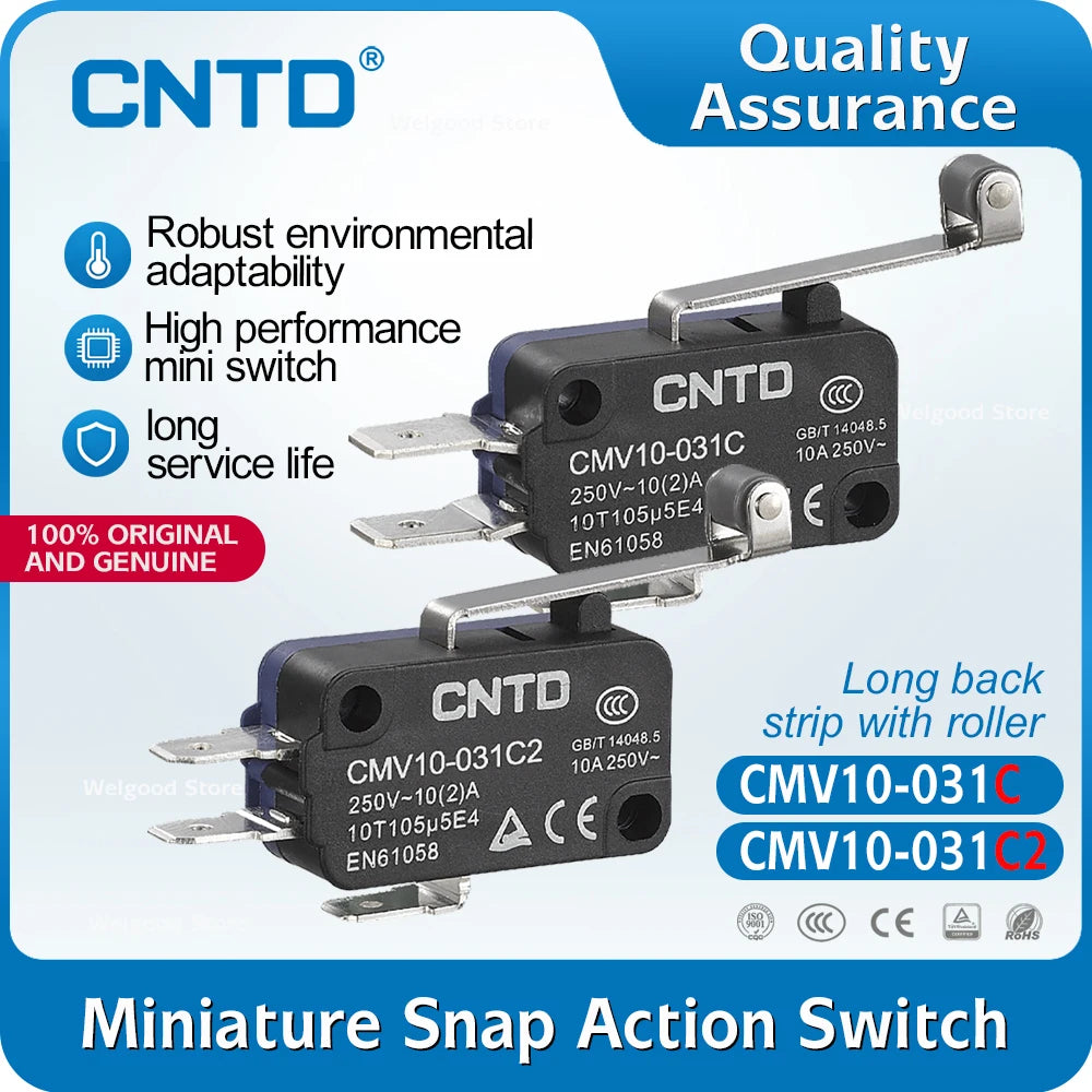 5PCS CNTD CMV10-031C/031C2 Mini Snap Action Micro Switch 10A 250V AC SPDT Long Curved Lever Limit Switch 300K for 3D Printer
