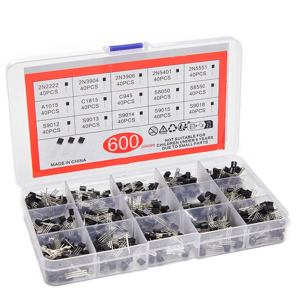 600PCS TO-92 Transistor Diodes Assorted Set 15 Types Pack of 40 Each including 2N2222 & S9018 for Electronics Projects