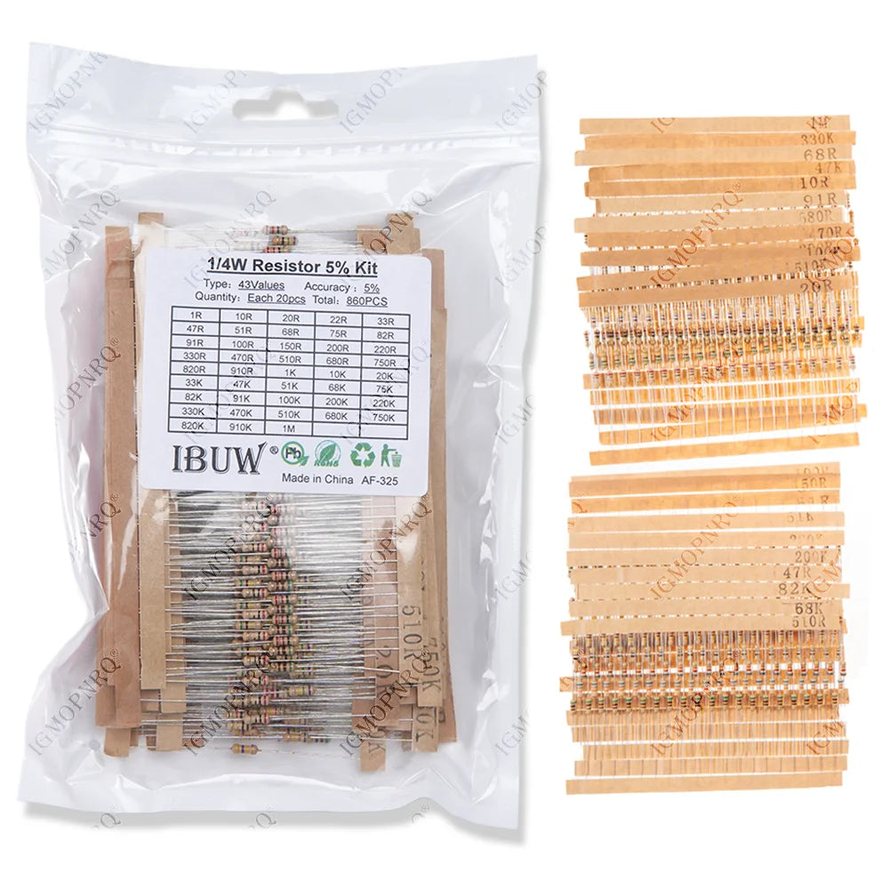 860pcs/lot Carbon Film Resistor Kit 1/4W 5% resistors assorted kit set 43values*20pcs Resistance 1R - 1M Ohm 0.25W resistor pack