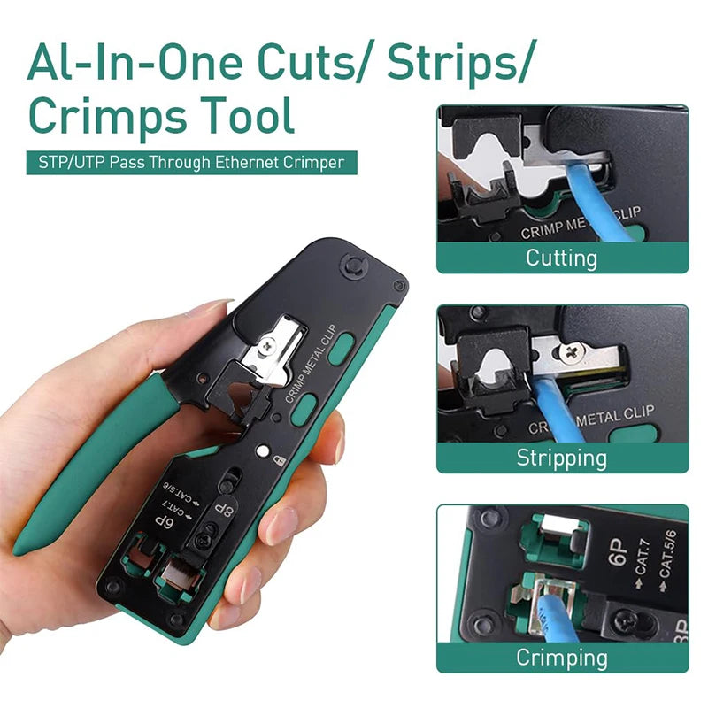New Rj45 Rj12 Rj11 Pass Through Crimp Plier Cat7 Cat6 Cat6A Cat5 Cat5e Stripping Crimping Tool with 8P/6P Ethernet Connectors