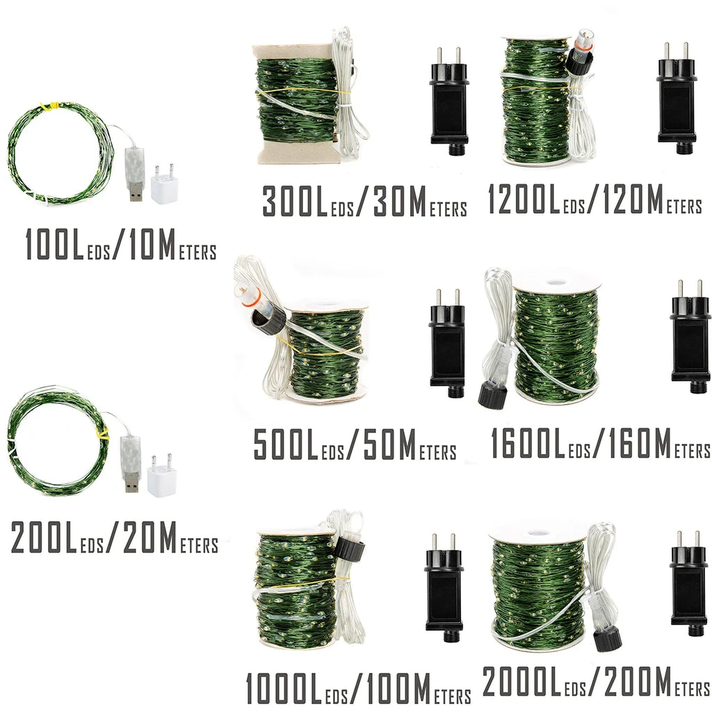 Green Cable LED Christmas String Fairy Lights Garland Outdoor Waterproof For Birthday Party Halloween Garden Room Decoration