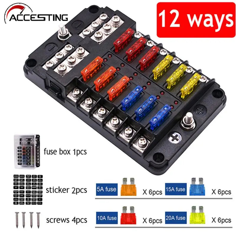 12 Way Fuse Box Holder With Blade Fuse Holder Block & Warning Indicator Car Boat Blade Fuse Box 12V 24V