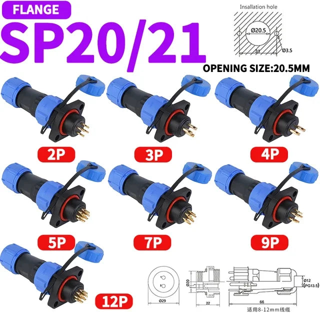 SP20/SP21 Waterproof Aviation Plug Solder Free Male Female Connector with Rear Nut Flange Square Plate 2/3/4/5/6/7/9/12 Pin