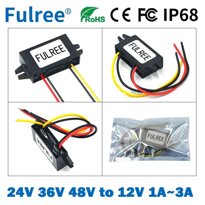 Fulree® 48V 36V 24V to 12V 1A 2A 3A DC Voltage Step Down Buck Converter 48 36 24 Volt to 12 Volt Car CCTV Power Supply