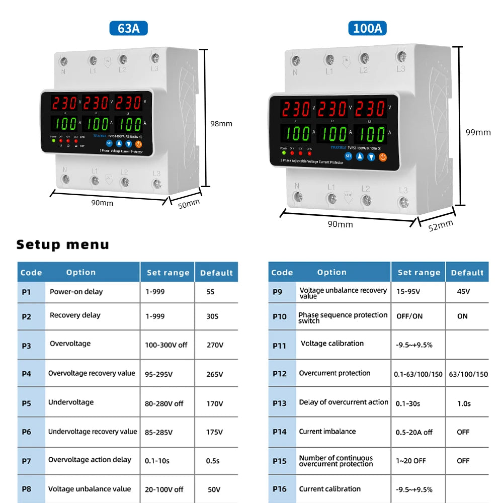 3 Phase Din Rail Voltmeter Ammeter Adjustable Over Under Voltage Current Limit Protection Monitor Relays Protector 63A 100A