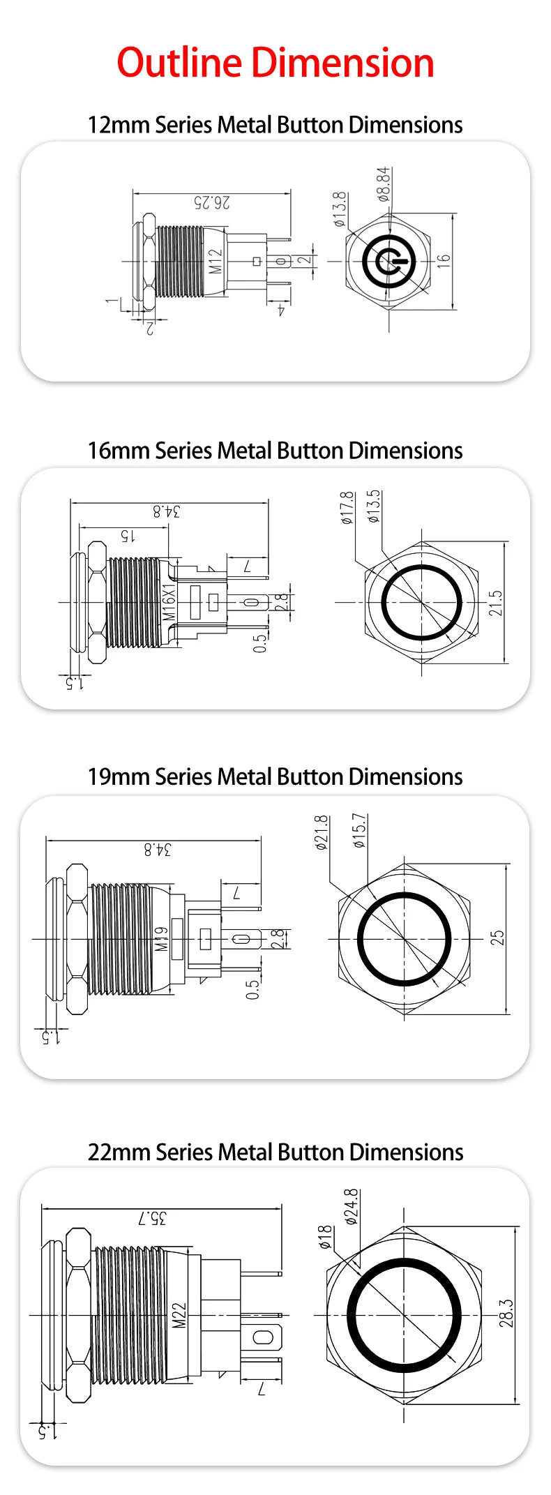 Metal Round Push Button Switch 12‑16‑19‑22mm, Momentary & Latching Power Control Button with LED Indicator for Electronic Projec
