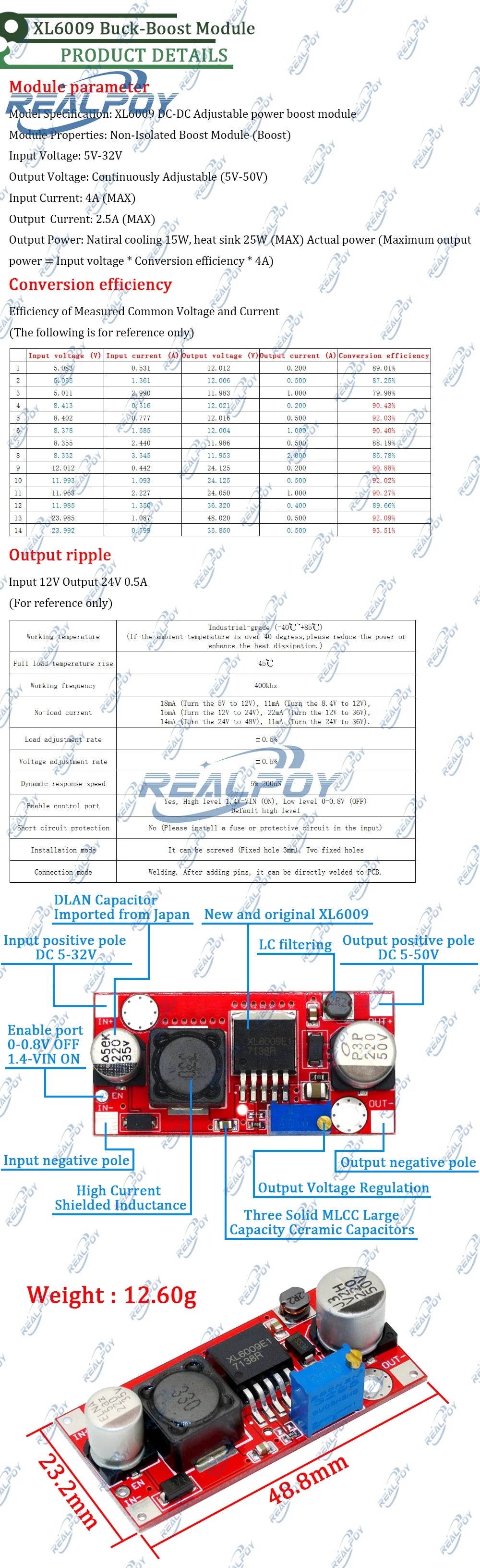 XL6009 4A Boost Converter Step Up Adjustable 15W 5-32V to 5-50V DC-DC Power Supply Module High Performance Low Ripple