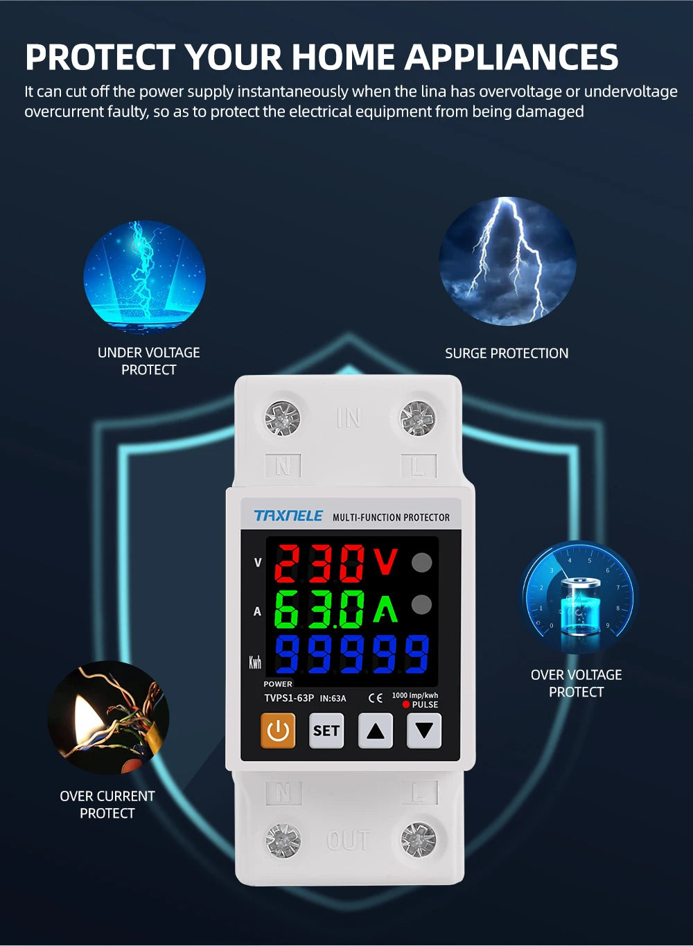 63A 230V Din Rail Adjustable Over Under Voltage Protective Device Protector Relay Over Current Protection Energy KWH Meter