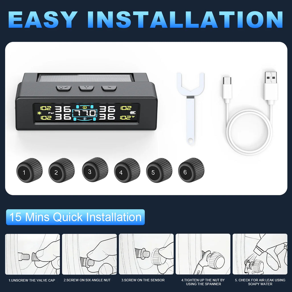 TPMS Solar/USB Charging Digital LCD Display Universal Smart Car TPMS Tyre Pressure Monitoring System 4 Or 6 Sensors Auto Security Alarm Smart Temperature Tire Air Pressure Gauge