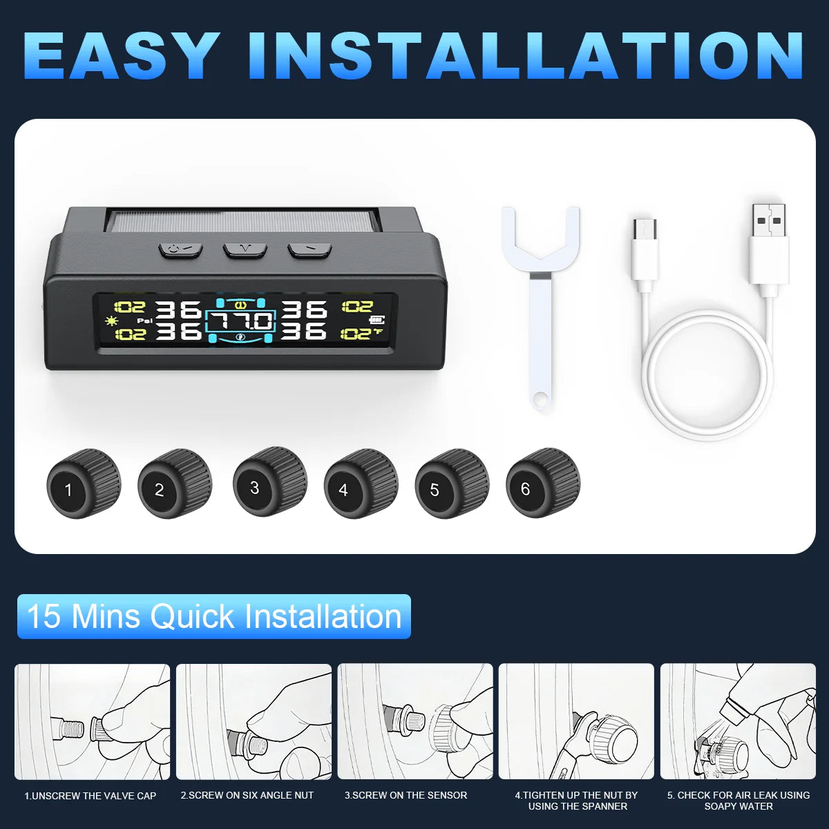 TPMS Solar/USB Charging Digital LCD Display Universal Smart Car TPMS Tyre Pressure Monitoring System 4 Or 6 Sensors Auto Security Alarm Smart Temperature Tire Air Pressure Gauge